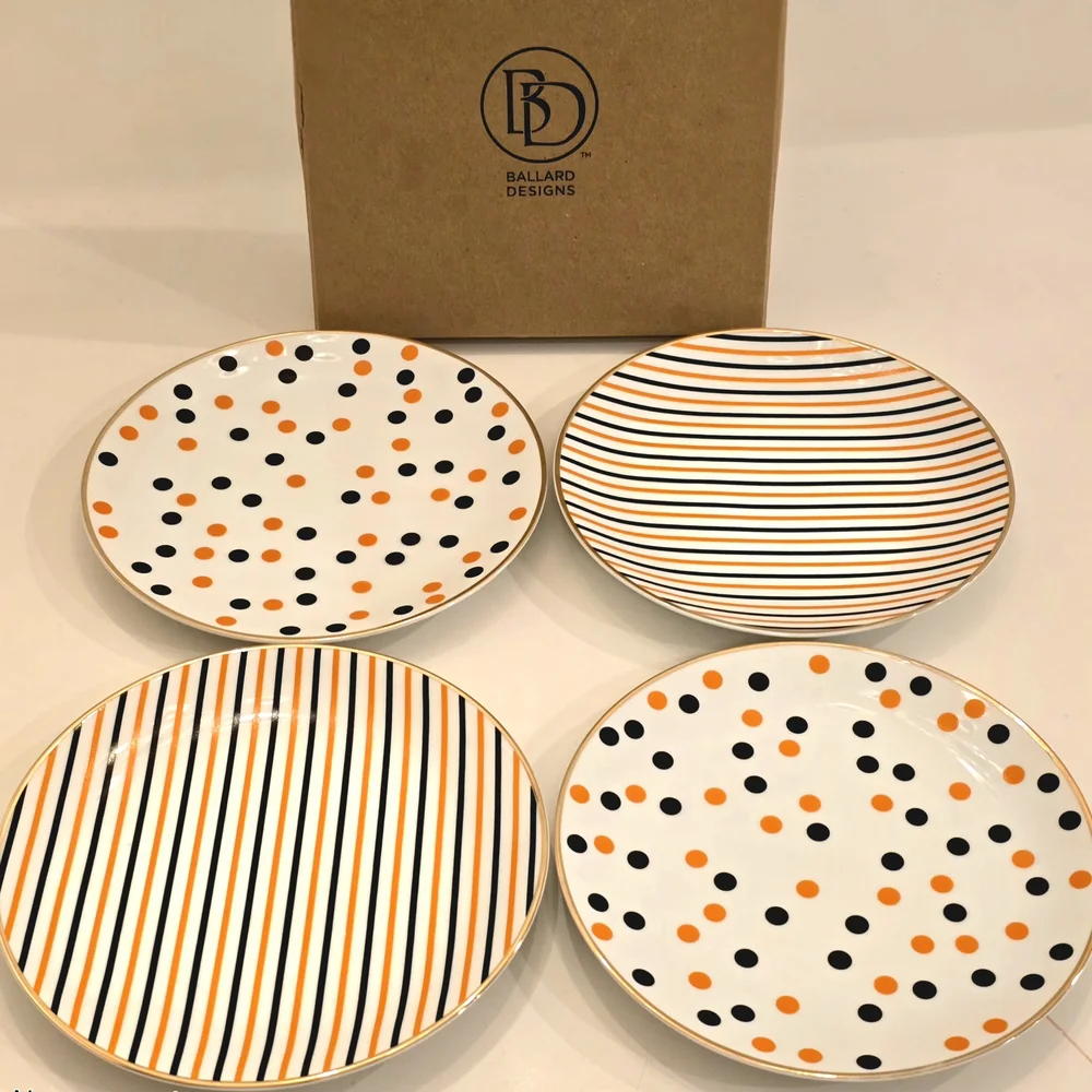 BALLARD DESIGNS 4 Accent Plates Orange & Black Scatter Dot & Multi-Stripe Design